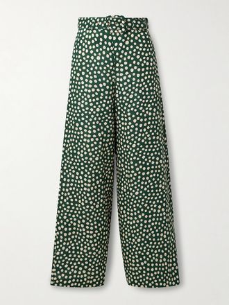 Cara Cara Pantaloni A Gamba Larga In Lino A Pois Con Cintura Mayflower - Verde