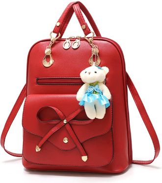 Nicole & Doris NICOLE&DORIS Girls School Bag College Travel Bag Outdoor Daypack Backpack PU Leather Wine Red Bowknot