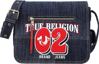 True Religion Varsity Logo Zip Pocket Denim Messenger Bag - Dark Denim Crossbody Bag