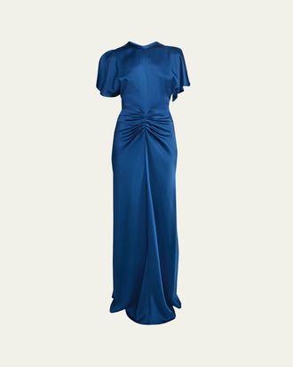 Victoria Beckham Gathered Waist Flutter-Sleeve Satin Gown