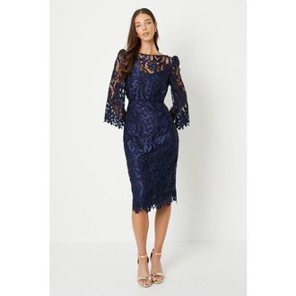 Coast Satin Lace Boat Neck Midi Dress in Navy at Nordstrom, Size 14
