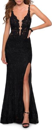 La Femme Long Lace Dress with Plunging Neckline in Black at Nordstrom, Size 6