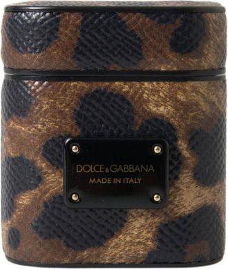 Dolce & Gabbana Phone Accessories, female, Brown, Size: ONE SIZE Leopard Print Leather Earpods Case