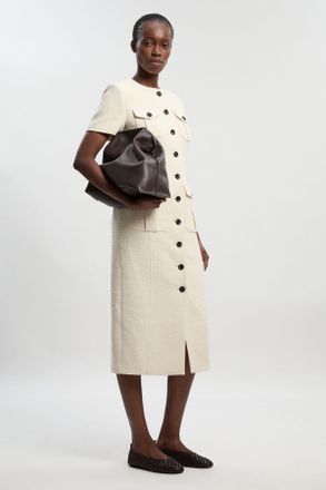 Karen Millen Womens Textured Tweed Tailored Pocket Front Short Sleeve Midi Dress - Cream Cotton - Size 10 UK