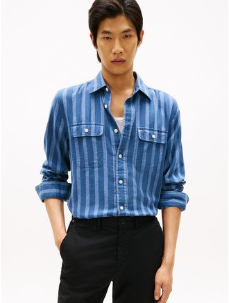 Tommy Hilfiger Mens Relaxed Fit Stripe Brushed Twill Shirt - Blue - XL