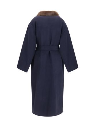 P.A.R.O.S.H. Womens Wool Coat With Fur Collar And Belt Blu Merino Ovis Aries