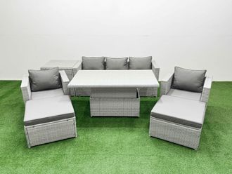 Fimous 7 PCs Rising Dining Table Set Rattan Furniture Set with Side Table in Light Grey