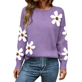 Generic Womens Jumpers Floral Print Crewneck Long Sleeve Knit Sweater Ladies Fashion Casual Knitwear(Purple, XL)