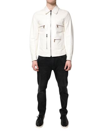 Dolce & Gabbana Mens White Collared Full Zip Biker Coat Jacket Sheep Clothing
