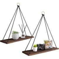 OEM &Eacute;tag&egrave;re Murale Boho, Lot De 2 &Eacute;tag&egrave;res Flottantes En Bois Avec Corde, D&eacute;cor Rustique Pour Chambre Et Salle De Bain- Crezuo