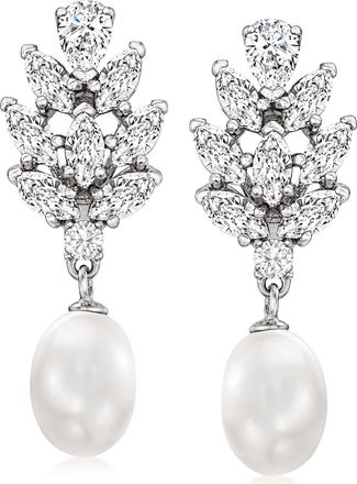 Ross-Simons 8-8.5mm Cultured Pearl and CZ Drop Earrings in Sterling Silver
