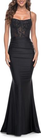 La Femme Ruched Jersey Dress with Illusion Corset Lace Top in Black at Nordstrom, Size 8