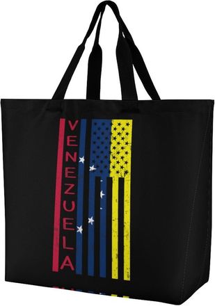 Generic Venezuela U.S. Flag Country Pride Reusable Grocery Bag Large Capacity Foldable Shopping Tote with Inner Pocket