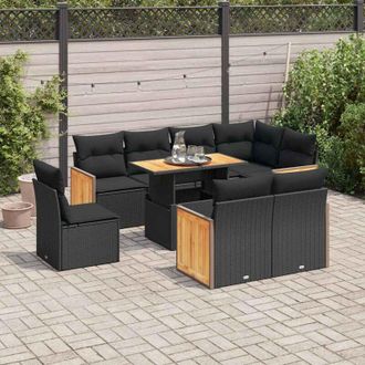 vidaXL Set Sof&aacute;s Jard&iacute;n Y Cojines 9 Pzas Rat&aacute;n Sint&eacute;tico Acacia Negro Vidaxl