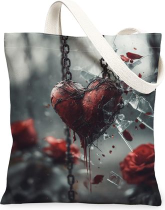 Generic Heart Canvas Tote Bags, Floral Design Reusable Grocery Bags, Vintage Lightweight Washable Shoulder Bag for Travel Shopping, Red, 13x15 Inch