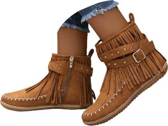 Generic Womens Fringe Cowboy Boots Short Wide Width Ankle Boots Vintage Stylish Buckle Suede Short Booties Fashion Western Pull On Retro Low Heel Dress Shoes 