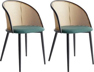 Beliani Conjunto De 2 Sillas Retro Asiento De Tela Estructura Met&aacute;lica Efecto Madera Clara Respaldo De Trenza Vienesa Verde Cornell