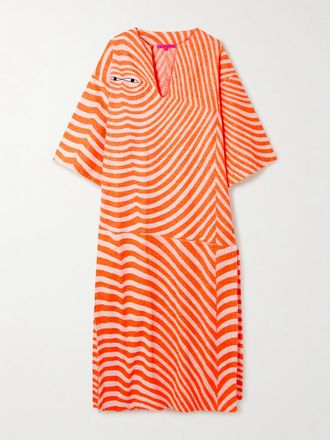 The Elder Statesman Caftano In Spugna Di Cotone A Righe Con Ricamo - Arancione