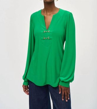 Joseph Ribkoff V-Neck Puff Sleeve Flared Top In Envy