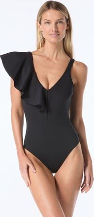 Vince Camuto Ruffle Shoulder One-Piece Swimsuit in Black at Nordstrom, Size 10