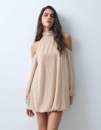 Asos abito mini pliss&eacute; bubble con collo alto color champagne-Oro
