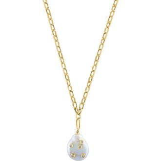 Effy 14K Yellow Gold Diamond & Baroque Freshwater Pearl Drop Pendant Necklace in 14K Gold at Nordstrom, Size 18