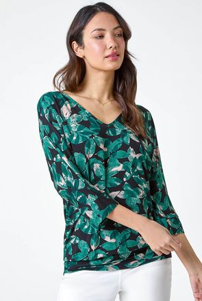 Roman Floral Print V-Neck Blouson Stretch Top
