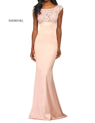 Sherri Hill Long Fitted Satin Lace Dress In Blush