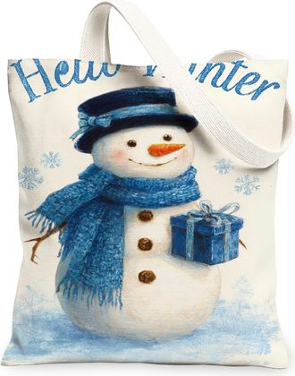 Generic Winter Snow Man Canvas Tote Bags, Cute Cold Design Reusable Grocery Bags, Lightweight Washable Shoulder Strap Canvas for Travel Outdoor Beach Picnic 1