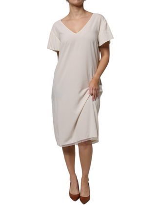 PESERICO Off White Short Sleeves V-neck Shift Midi Womens Dress