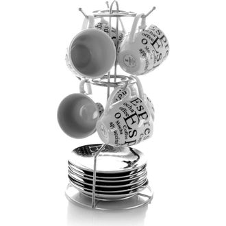 Gibson Espresso 13 Piece Small 3 oz Stoneware Coffee Cup Set with Wire Saucer Cup Rack in White at Nordstrom