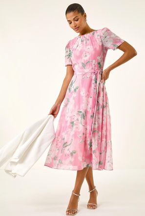 Roman Floral Print Pleat Neck Midi Dress