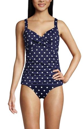 Lands End Wrap Underwire Tankini Top Swimsuit in Deep Sea Polka Dot at Nordstrom, Size 6