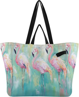 Generic Flamingo Turquoise pattern Reusable Canvas Tote Bag, Heavy Duty Grocery Shopping Bag with Double Handles Large Capacity Hard Bottom Work Groceries Tra