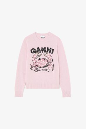 Ganni Pink Sweater with Crab - Size XXS Wool