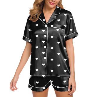 Generic Pyjamas for Women Soft Satin Button Down Sexy 2 Piece Pjs Shorts Set Sleepwear Loungewear Ladies Short with Pockets Bridesmaid Bride Pajama, Black, S