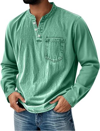Generic Rugby Shirts for Men Long Sleeve Henley Shirts for Men V-Neck Distressed Stand Collar Ruggy Polo Work Shirt Fall Winter Sweatshirts Casual Vintage Qua