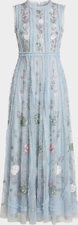 Mac Duggal Ruffle-Trim Floral Beaded Mesh Gown