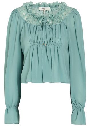 Chlo&eacute; Ruffled Lace-trim Silk Blouse - Blue - 38 (UK10 / S)