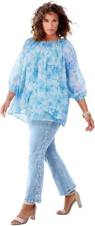 Roaman's Blouson Sleeve Overlay Blouse in Pale Blue Small Garden at Nordstrom, Size 24