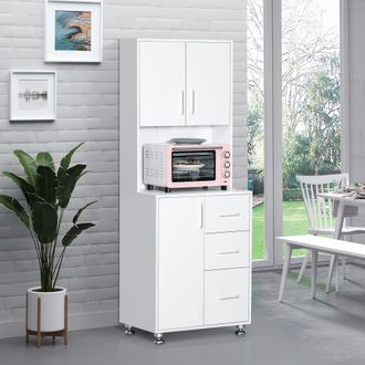 HOMCOM Kitchen Cupboard with Storage Cabinets, 3 Drawers for Living Room in White