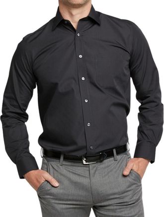 Double TWO Mens Long Sleeve Plain Formal Shirt Non Iron Classic Fit Business Dress Shirt - Black, 15.5in Collar
