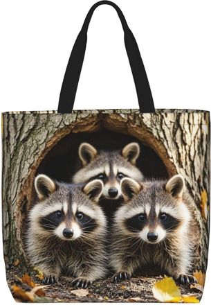 Generic Raccoons In The Fall Tree Hole Tote Bag Durable Carry Bag Eco Friendly Grocery Bags For Work College Daily Use