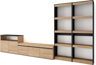 Skraut Home Skraut Home - Muebles De Sal&oacute;n Para Tv, Conjunto De Muebles Comedor, 370x186x35cm, Para Tv Hasta 65, Mueble Televisi&oacute;n, Estilo Moderno, Roble Y Negro