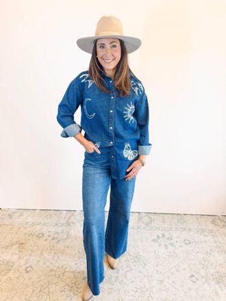 Tolani Rakaya Button Down Embroidered Top In Denim