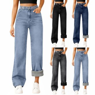 Generic Wide Leg Jeans for Women UK Fleece Lined Stretch Jeans for Women Winter Warm Denim Joggers High Waist Ladies Lounge Pants with Pockets Loose Comfort B