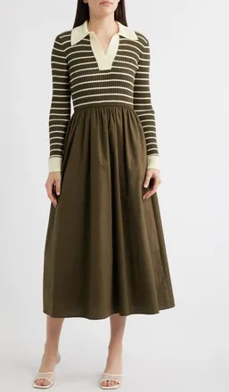 Moon River Stripe Long Sleeve Twofer Midi Dress in Dark Olive at Nordstrom, Size X-Large