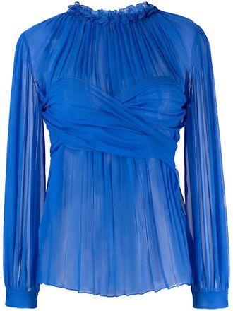 Alberta Ferretti ruched sheer ruffle-neck blouse - women - Silk/Polyamide - 42 - Blue