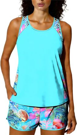 Generic Tankini Sets for Women Tank Tops with Boyleg Shorts 2 Piece Swimming Costume Bathing Hawaiian Print Printed High Waist Loose Comfy Padded Swimwear Cas