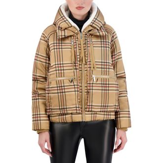 Ookie & Lala Plaid Faux Fur Lined Utility Crop Puffer Hooded Jacket in Camel/black at Nordstrom Rack, Size X-Small